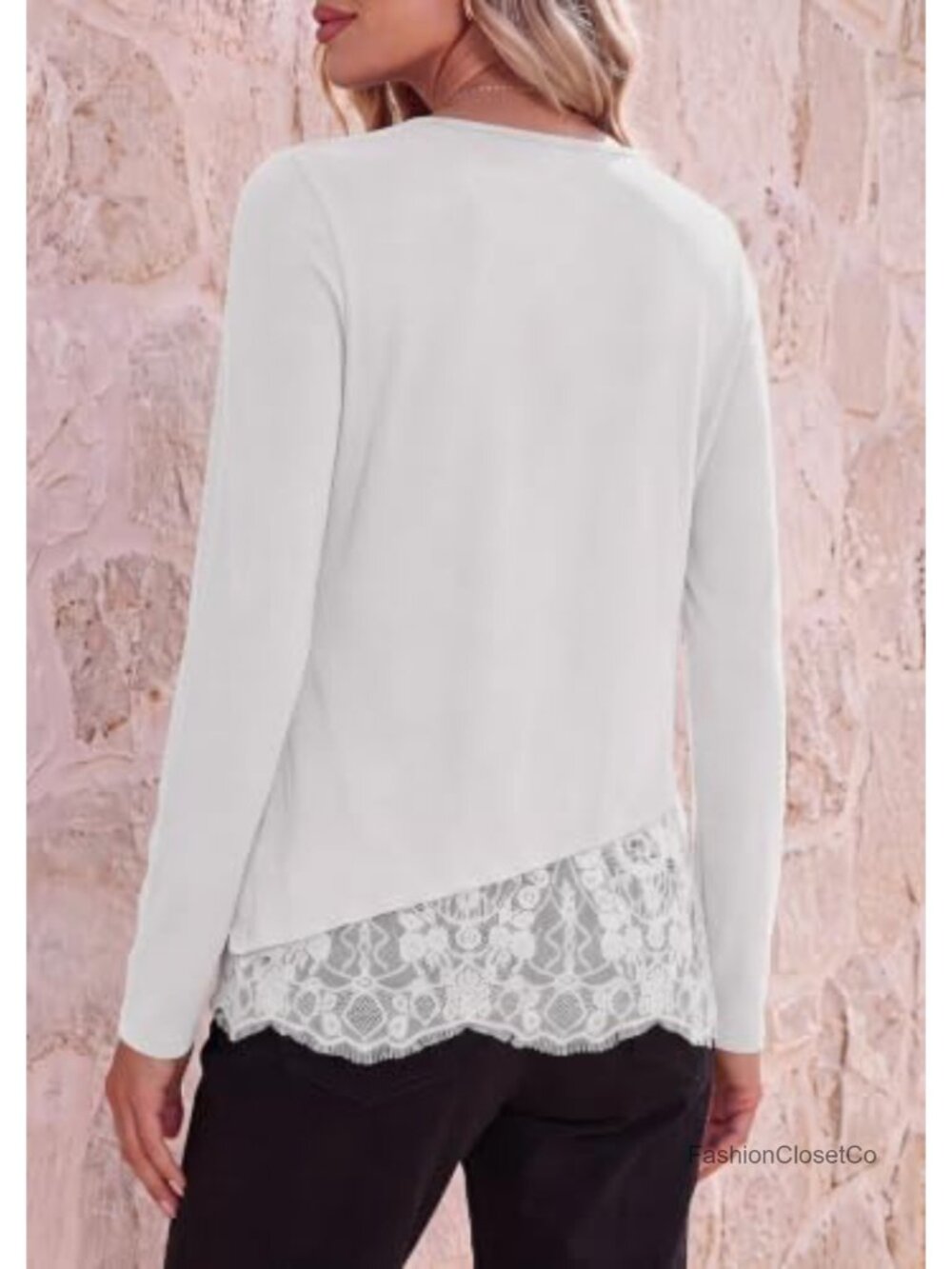 Women's Lace Patchwork Long Sleeve Stretchy Knit Asymmetric Hem Tunic Top - Picture 3 of 6